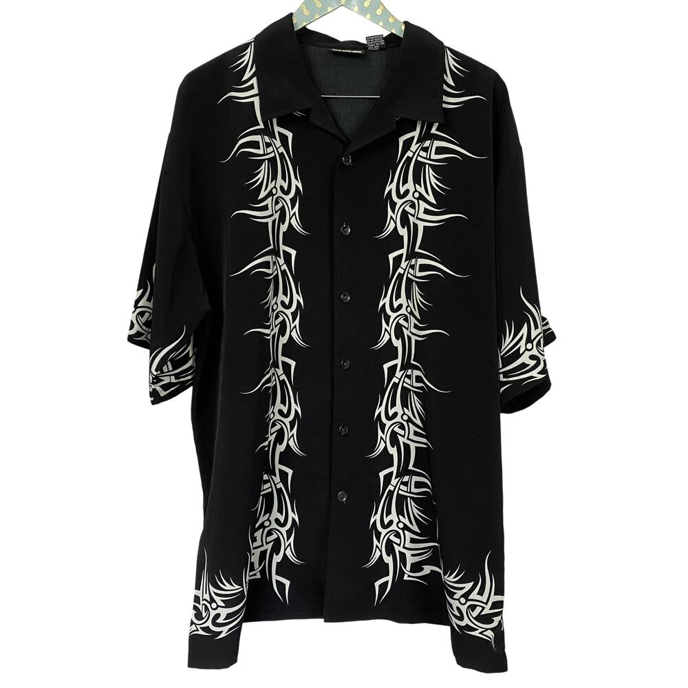 ODO Shirt Mens 2XL Black Tribal Flame Graphic Camp Button Up Bowling Y2K Goth 2X